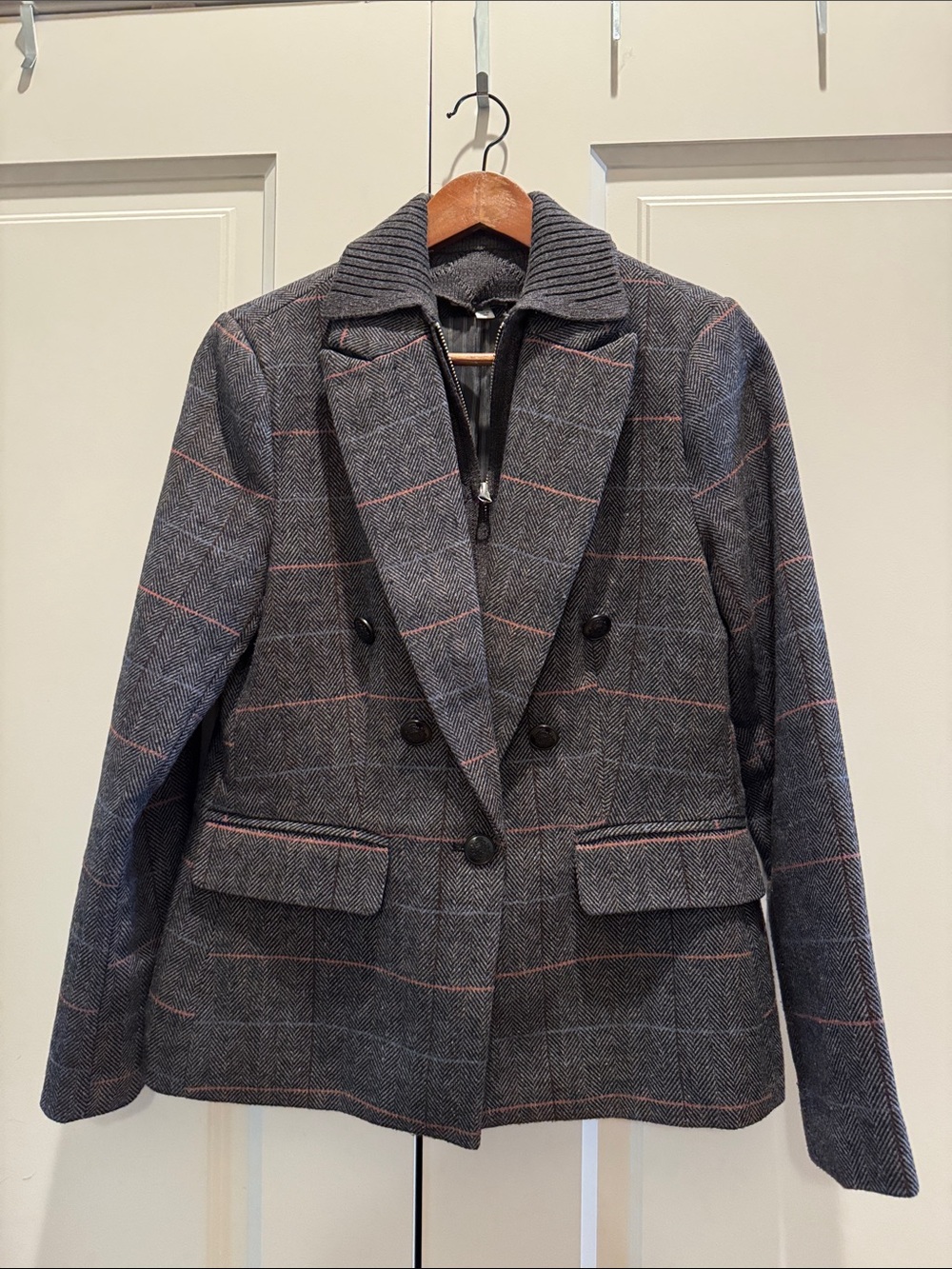 Women's Gray Plaid Blazer Jacket with Dickie Sweater Insert